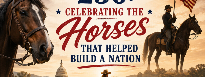 Illustration celebrating America's 250th anniversary featuring horses that helped build the nation, including cavalry riders, trail riders, stagecoaches, and patriotic red, white, and blue imagery.